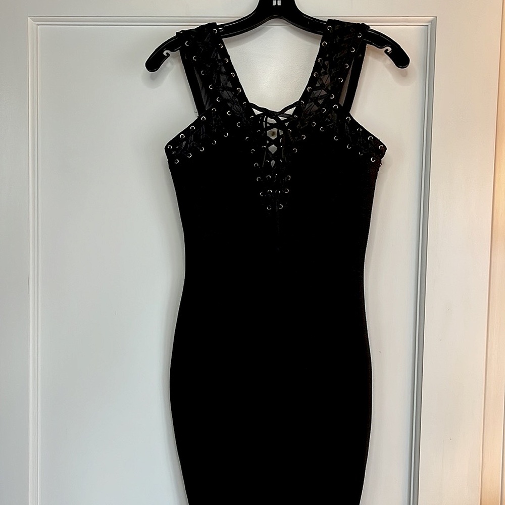 Women’s dress, Wow Couture Gold Label, black with ribbon detail throughout top
